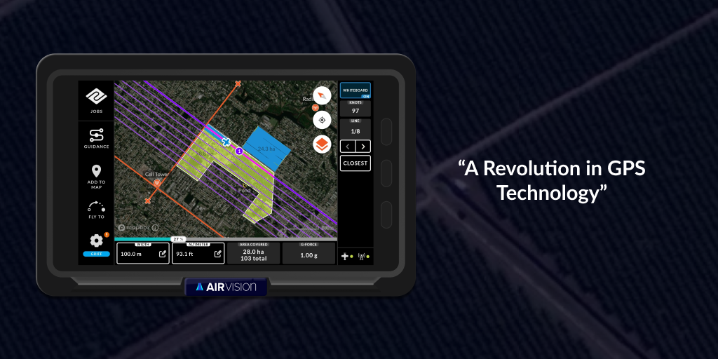 AirVision guidance tablet mounted in an agricultural aircraft cockpit, showing the redesigned flight guidance interface