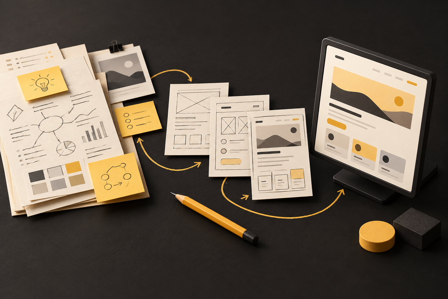 Illustration of research notes evolving into wireframes and a finished interface