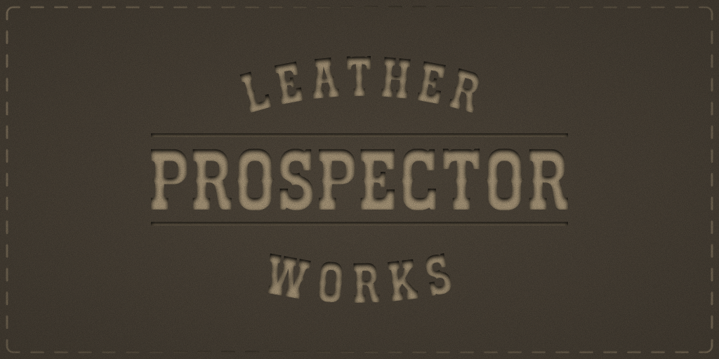 The Prospector Leatherworks website homepage, showing a weathered hero photo of handcrafted leather goods