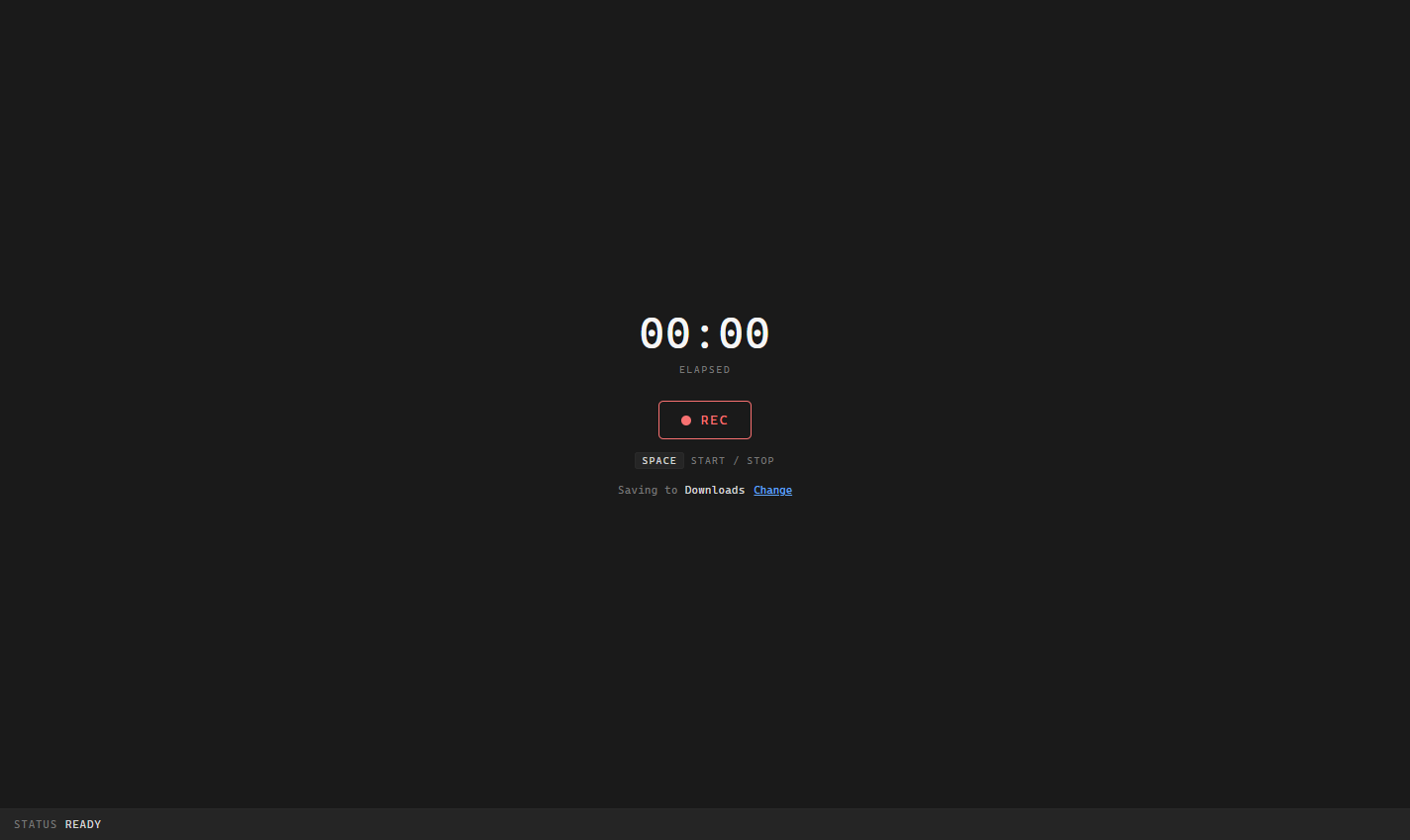 The screen recorder in its idle state, a single dark screen with a large 00:00 timer, a red REC button, and a saving-to-folder line
