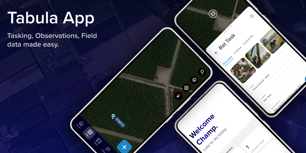 The Tabula mobile app shown on a phone, displaying a field-job task list and map view