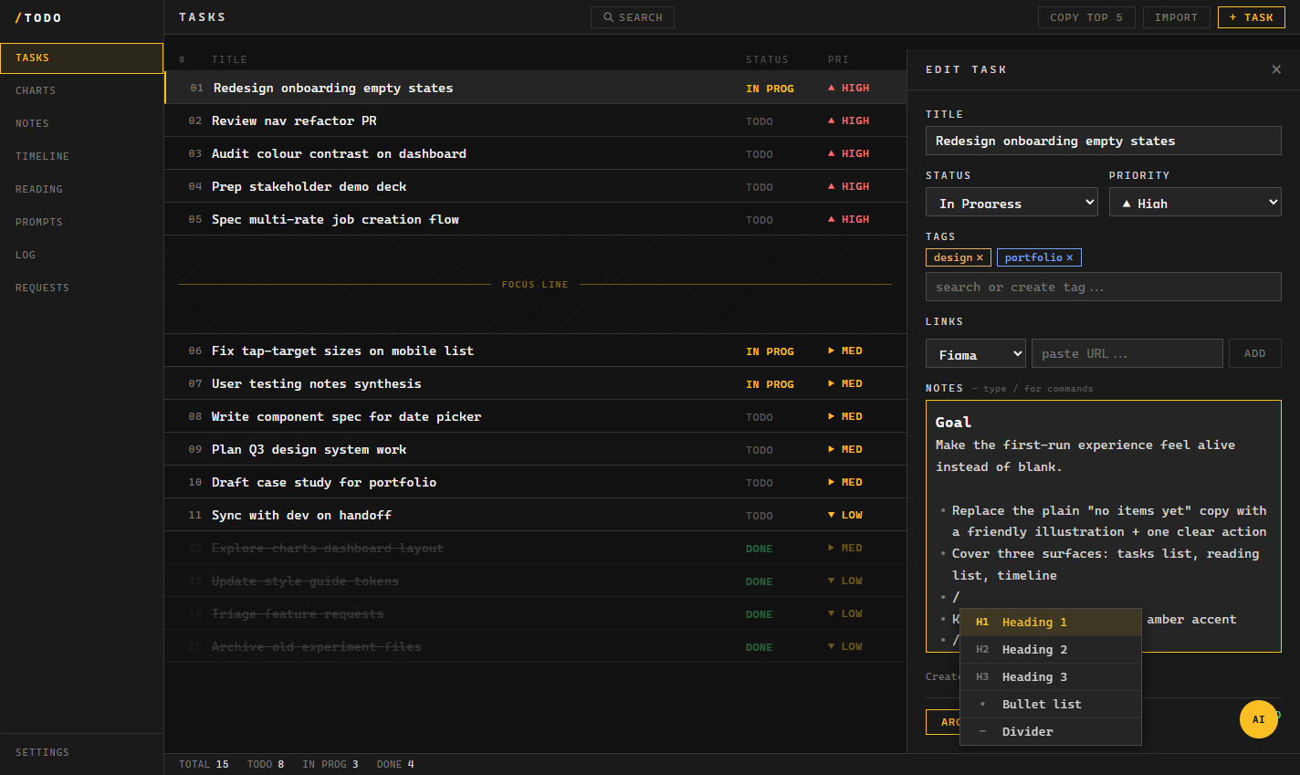 The block-based notes editor inside a task, with the slash-command menu open showing options like heading, bullet and divider