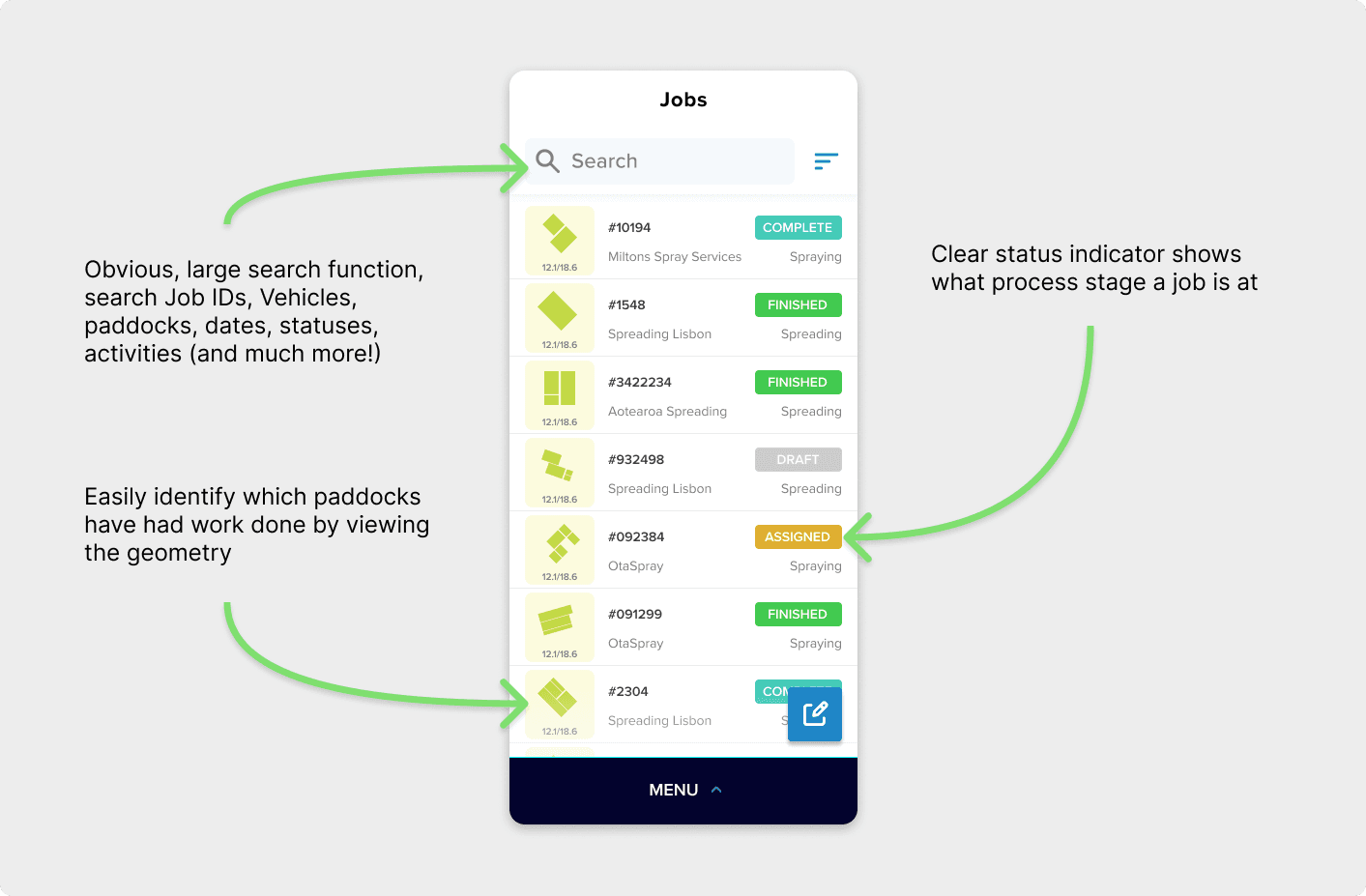 Scannable jobs list with large tap targets and access to advanced filters and sorting