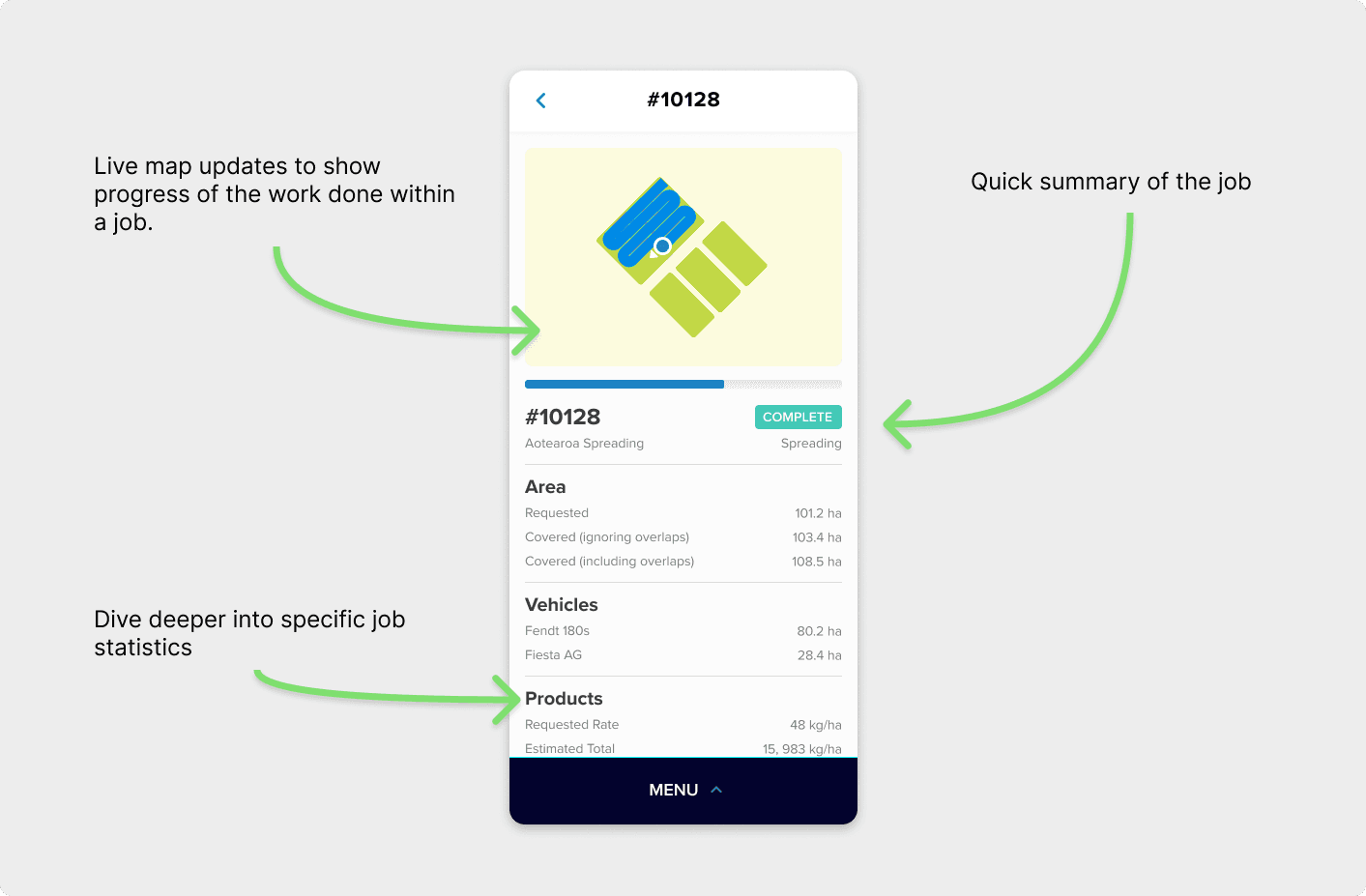 Job summary screen presenting key details for quick field decisions without clutter